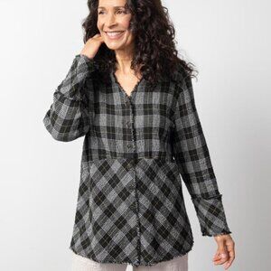 Habitat Clothes To Live In Gauzy Black Plaid Blouse Art to Wear Lagenlook XL